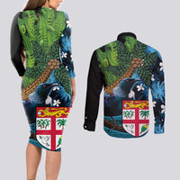 Fiji and New Zealand Tui Bird Couples Matching Long Sleeve Bodycon Dress and Long Sleeve Button Shirt Koru Fern Leafs and Palm Tree With Plumeria