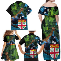 Fiji and New Zealand Tui Bird Family Matching Off Shoulder Maxi Dress and Hawaiian Shirt Koru Fern Leafs and Palm Tree With Plumeria
