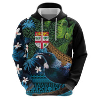 Fiji and New Zealand Tui Bird Zip Hoodie Koru Fern Leafs and Palm Tree With Plumeria