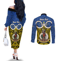 Personalised Vanuatu Tafea Province Couples Matching Off The Shoulder Long Sleeve Dress and Long Sleeve Button Shirts Pig Tusk Mix Maori Pattern and Namele Leaf LT03 - Polynesian Pride