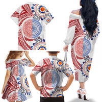 Tongan and Australian Culture Together Family Matching Off The Shoulder Long Sleeve Dress and Hawaiian Shirt Ngatu Art Tribal Aboriginal Tattoo Pattern - Polynesian Pride