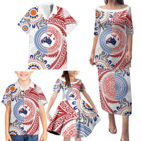 Tongan and Australian Culture Together Family Matching Puletasi and Hawaiian Shirt Ngatu Art Tribal Aboriginal Tattoo Pattern - Polynesian Pride