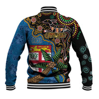 Fijian and Australian Culture Together Baseball Jacket Aboriginal Art and Tapa Motifs with Kangaroo and Palm Tree - Polynesian Pride