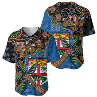 Fijian and Australian Culture Together Baseball Jersey Aboriginal Art and Tapa Motifs with Kangaroo and Palm Tree - Polynesian Pride