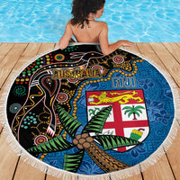 Fijian and Australian Culture Together Beach Blanket Aboriginal Art and Tapa Motifs with Kangaroo and Palm Tree - Polynesian Pride