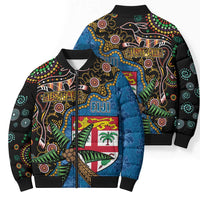 Fijian and Australian Culture Together Bomber Puffer Jacket Aboriginal Art and Tapa Motifs with Kangaroo and Palm Tree - Polynesian Pride