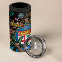 Fijian and Australian Culture Together 4 in 1 Can Cooler Tumbler Aboriginal Art and Tapa Motifs with Kangaroo and Palm Tree - Polynesian Pride