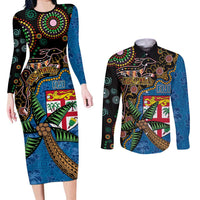Fijian and Australian Culture Together Couples Matching Long Sleeve Bodycon Dress and Long Sleeve Button Shirt Aboriginal Art and Tapa Motifs with Kangaroo and Palm Tree - Polynesian Pride