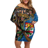 Fijian and Australian Culture Together Family Matching Off Shoulder Short Dress and Hawaiian Shirt Aboriginal Art and Tapa Motifs with Kangaroo and Palm Tree - Polynesian Pride