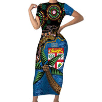 Fijian and Australian Culture Together Family Matching Short Sleeve Bodycon Dress and Hawaiian Shirt Aboriginal Art and Tapa Motifs with Kangaroo and Palm Tree - Polynesian Pride