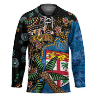 Fijian and Australian Culture Together Hockey Jersey Aboriginal Art and Tapa Motifs with Kangaroo and Palm Tree - Polynesian Pride