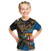 Fijian and Australian Culture Together Kid T Shirt Aboriginal Art and Tapa Motifs with Kangaroo and Palm Tree - Polynesian Pride
