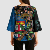 Fijian and Australian Culture Together Kimono Sleeve Blouse Aboriginal Art and Tapa Motifs with Kangaroo and Palm Tree - Polynesian Pride