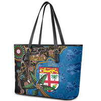 Fijian and Australian Culture Together Leather Tote Bag Aboriginal Art and Tapa Motifs with Kangaroo and Palm Tree - Polynesian Pride