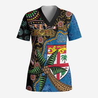Fijian and Australian Culture Together Scrub Top Aboriginal Art and Tapa Motifs with Kangaroo and Palm Tree - Polynesian Pride