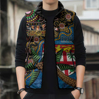 Fijian and Australian Culture Together Sleeveless Puffer Jacket Aboriginal Art and Tapa Motifs with Kangaroo and Palm Tree - Polynesian Pride