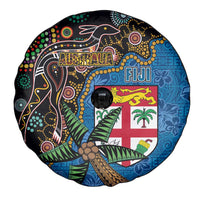 Fijian and Australian Culture Together Spare Tire Cover Aboriginal Art and Tapa Motifs with Kangaroo and Palm Tree - Polynesian Pride