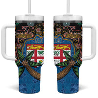 Fijian and Australian Culture Together Tumbler With Handle Aboriginal Art and Tapa Motifs with Kangaroo and Palm Tree - Polynesian Pride
