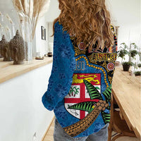 Fijian and Australian Culture Together Women Casual Shirt Aboriginal Art and Tapa Motifs with Kangaroo and Palm Tree - Polynesian Pride