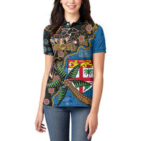 Fijian and Australian Culture Together Women Polo Shirt Aboriginal Art and Tapa Motifs with Kangaroo and Palm Tree - Polynesian Pride