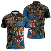 Fijian and Australian Culture Together Zipper Polo Shirt Aboriginal Art and Tapa Motifs with Kangaroo and Palm Tree - Polynesian Pride