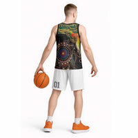 Papua New Guinea and Australia Together Basketball Jersey Bird of Paradise and Kangaroo Melanesian Aboriginal Motifs - Polynesian Pride