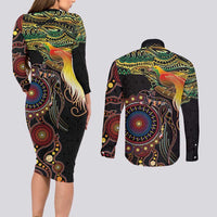 Papua New Guinea and Australia Together Couples Matching Long Sleeve Bodycon Dress and Long Sleeve Button Shirt Bird of Paradise and Kangaroo Melanesian Aboriginal Motifs - Polynesian Pride
