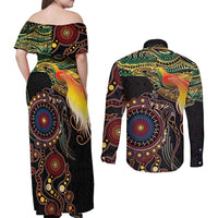 Papua New Guinea and Australia Together Couples Matching Off Shoulder Maxi Dress and Long Sleeve Button Shirt Bird of Paradise and Kangaroo Melanesian Aboriginal Motifs - Polynesian Pride