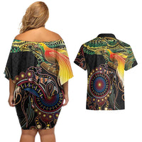 Papua New Guinea and Australia Together Couples Matching Off Shoulder Short Dress and Hawaiian Shirt Bird of Paradise and Kangaroo Melanesian Aboriginal Motifs - Polynesian Pride