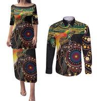 Papua New Guinea and Australia Together Couples Matching Puletasi and Long Sleeve Button Shirt Bird of Paradise and Kangaroo Melanesian Aboriginal Motifs - Polynesian Pride