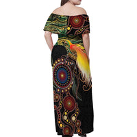 Papua New Guinea and Australia Together Family Matching Off Shoulder Maxi Dress and Hawaiian Shirt Bird of Paradise and Kangaroo Melanesian Aboriginal Motifs - Polynesian Pride
