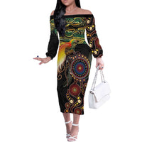 Papua New Guinea and Australia Together Off The Shoulder Long Sleeve Dress Bird of Paradise and Kangaroo Melanesian Aboriginal Motifs - Polynesian Pride