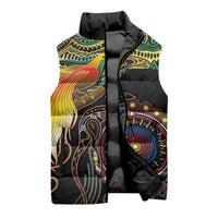 Papua New Guinea and Australia Together Sleeveless Puffer Jacket Bird of Paradise and Kangaroo Melanesian Aboriginal Motifs - Polynesian Pride
