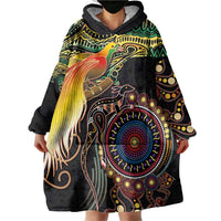 Papua New Guinea and Australia Together Wearable Blanket Hoodie Bird of Paradise and Kangaroo Melanesian Aboriginal Motifs - Polynesian Pride