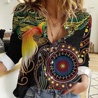 Papua New Guinea and Australia Together Women Casual Shirt Bird of Paradise and Kangaroo Melanesian Aboriginal Motifs - Polynesian Pride