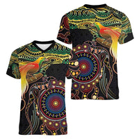 Papua New Guinea and Australia Together Women V-Neck T-Shirt Bird of Paradise and Kangaroo Melanesian Aboriginal Motifs - Polynesian Pride