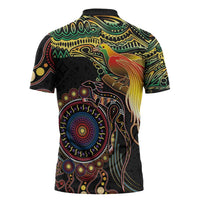 Papua New Guinea and Australia Together Zipper Polo Shirt Bird of Paradise and Kangaroo Melanesian Aboriginal Motifs - Polynesian Pride