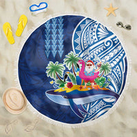 Hawaiian Mele Kalikimaka Beach Blanket Funny Santa on Whale Island with Kakau Tattoos LT03 One Size 150cm Blue - Polynesian Pride