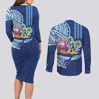 Hawaiian Mele Kalikimaka Couples Matching Long Sleeve Bodycon Dress and Long Sleeve Button Shirt Funny Santa on Whale Island with Kakau Tattoos - Polynesian Pride