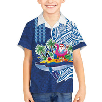 Hawaiian Mele Kalikimaka Family Matching Short Sleeve Bodycon Dress and Hawaiian Shirt Funny Santa on Whale Island with Kakau Tattoos - Polynesian Pride