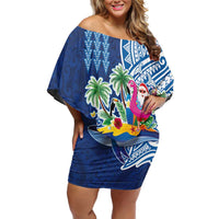Hawaiian Mele Kalikimaka Off Shoulder Short Dress Funny Santa on Whale Island with Kakau Tattoos - Polynesian Pride