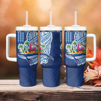 Hawaiian Mele Kalikimaka Tumbler With Handle Funny Santa on Whale Island with Kakau Tattoos - Polynesian Pride