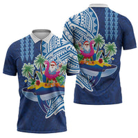 Hawaiian Mele Kalikimaka Zipper Polo Shirt Funny Santa on Whale Island with Kakau Tattoos - Polynesian Pride