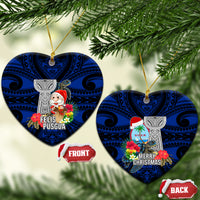 Guam Christmas Ceramic Ornament Santa Gift Latte Stone and Sea Turle Mix Hibiscus Chamorro Blue Style LT03 Heart Blue - Polynesian Pride
