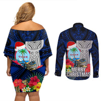 Guam Christmas Couples Matching Off Shoulder Short Dress and Long Sleeve Button Shirt Santa Gift Latte Stone and Sea Turle Mix Hibiscus Chamorro Blue Style LT03 - Polynesian Pride