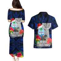 Guam Christmas Couples Matching Puletasi Dress and Hawaiian Shirt Santa Gift Latte Stone and Sea Turle Mix Hibiscus Chamorro Blue Style LT03