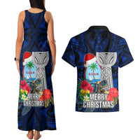 Guam Christmas Couples Matching Tank Maxi Dress and Hawaiian Shirt Santa Gift Latte Stone and Sea Turle Mix Hibiscus Chamorro Blue Style LT03