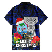 Guam Christmas Hawaiian Shirt Santa Gift Latte Stone and Sea Turle Mix Hibiscus Chamorro Blue Style LT03 - Polynesian Pride