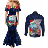 Custom Guam Christmas Couples Matching Mermaid Dress and Long Sleeve Button Shirt Santa Gift Latte Stone and Sea Turle Mix Hibiscus Chamorro Blue Style LT03