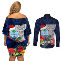 Custom Guam Christmas Couples Matching Off Shoulder Short Dress and Long Sleeve Button Shirt Santa Gift Latte Stone and Sea Turle Mix Hibiscus Chamorro Blue Style LT03